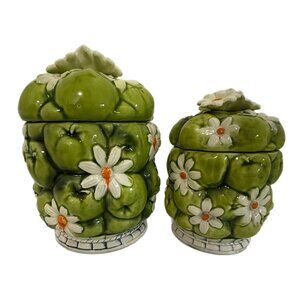 Inarco 1967 Creme de Menthe Green Apple White Daisy Set of 2 Canisters Vintage